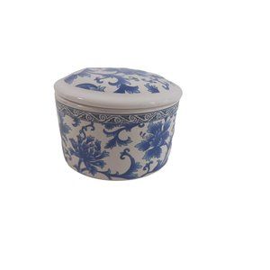 Vtg Round 2"x2.75" Lidded Trinket Box Delft Blue Hand Painted Oriental Porcelain